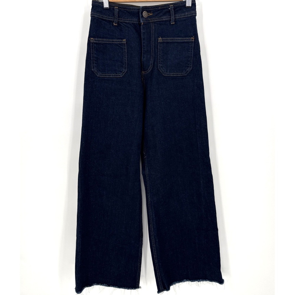 Zara Womens Dark Wash Marine Straight Patch Pocket Jeans Size 6 Stretch Retro